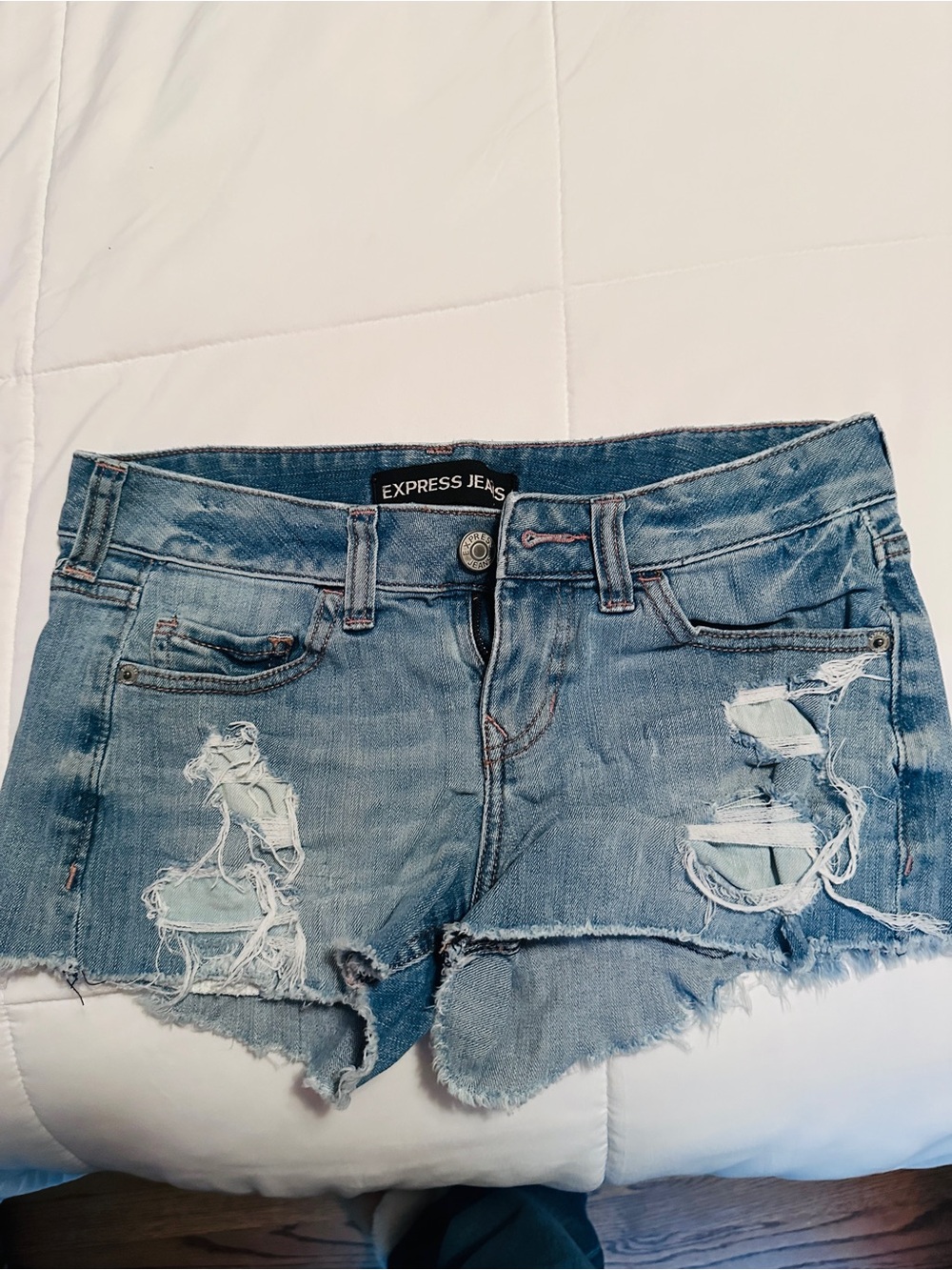 Express Light Blue Distressed Denim Cutoff Shorts